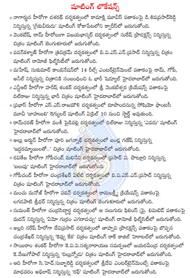 nagarjuna in greeku veerudu shooting,ntr in harish shankar movie shooting,pawan kalyan in trivikram movie shooting,raviteja in balupu shooting,ramcharan in yevadu shooting,bahubali shooting from april 10th,allu arjun in iddarammayilatho shooting  nagarjuna in greeku veerudu shooting, ntr in harish shankar movie shooting, pawan kalyan in trivikram movie shooting, raviteja in balupu shooting, ramcharan in yevadu shooting, bahubali shooting from april 10th, allu arjun in iddarammayilatho shooting